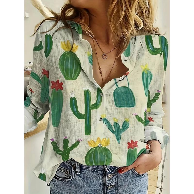 Women's Cactus Printed Top Autumn Elegant Fun Shirt Casual Loose Long Sleeve Fashion Button Top Comfortable Travel Jacket