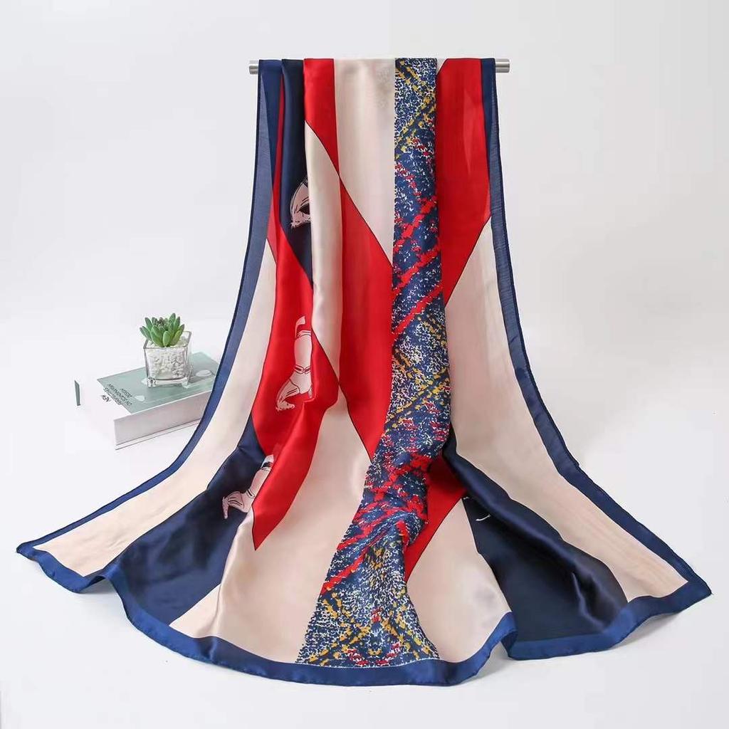 Ранняя весна, новый простой красочный геометрический длинный шелковый шарф с цветными блоками, корейская версия дамского темпераментного длинного платка для путешествий