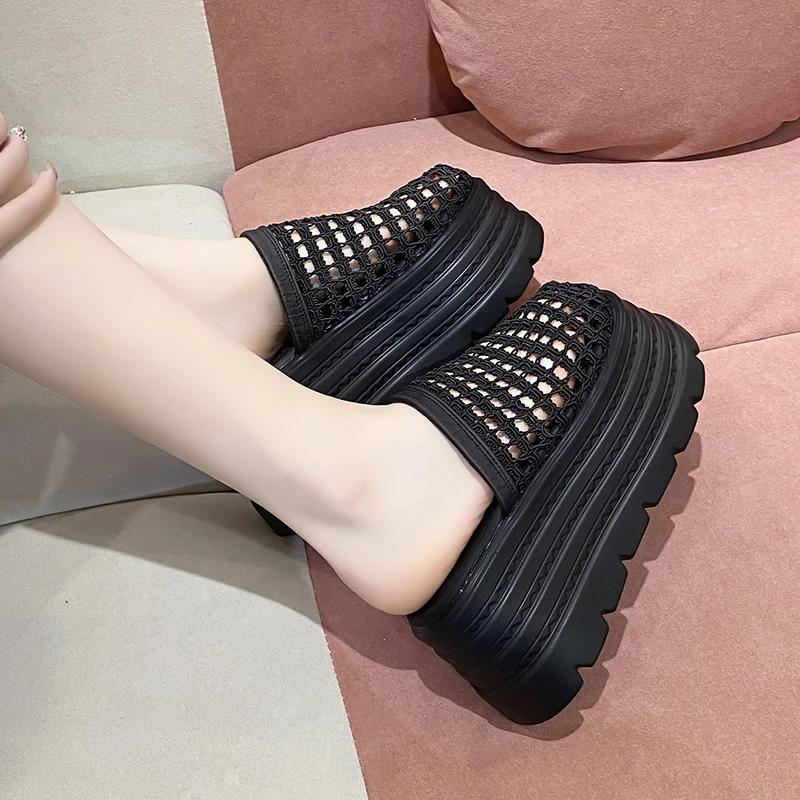 Мода 8 см Сетка Туфли-мюли на высоком каблуке Женские тапочки Обувь Танкетка Брендовые сандалии на платформе Летнее платье Слингбэки Лодочки Слайды Mujer Zapatos