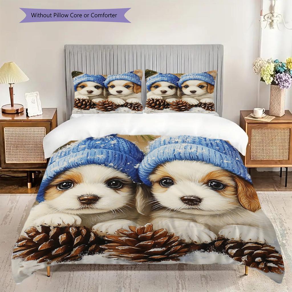 Puppy Pattern Bedding Quilt Set Quilt Cover Pillowcase Home Decoration Birthday Gift (1 * duvet cover + 2 * pillowcase, without core)