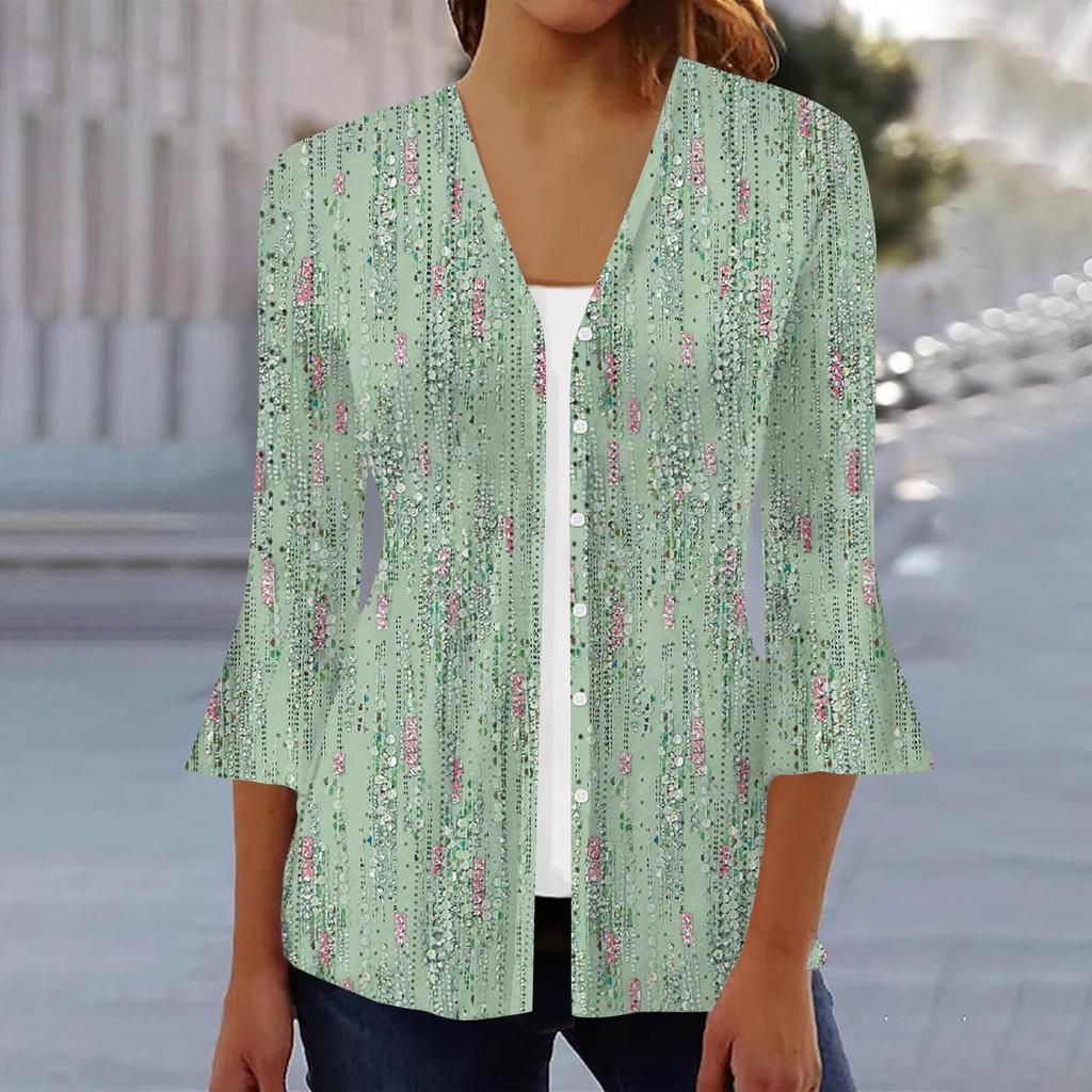 Women's Fashion Loose Casual Printed Three-quarter Sleeve Button Shirt Cardigan Top