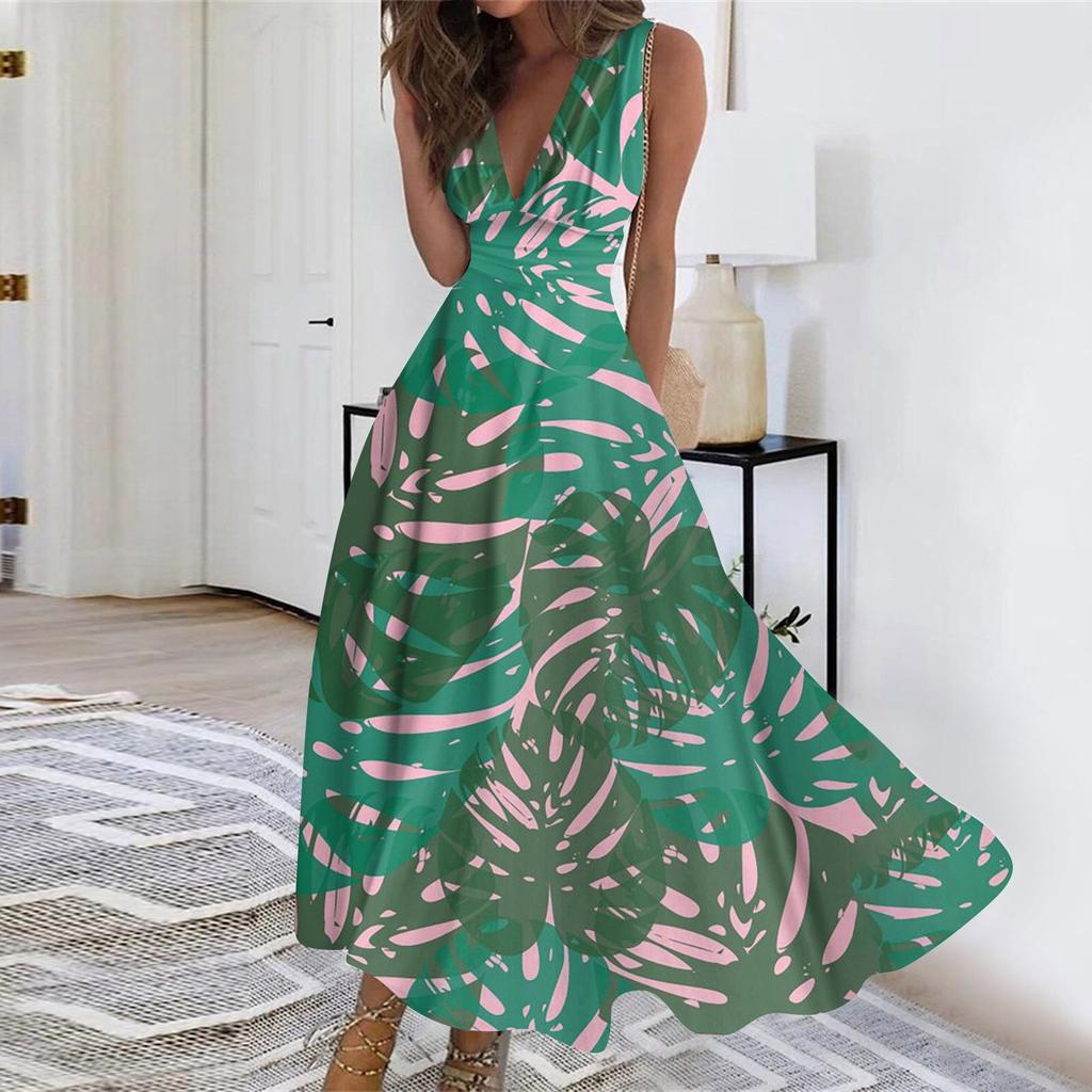 Женское длинное платье без рукавов с v-образным вырезом и цветочным принтом