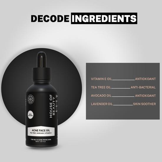 Масло House Of Beauty Acne Oil W/T Tea Tree, Avocado & Vit-E для подсушивания прыщавой и жирной кожи (30мл)