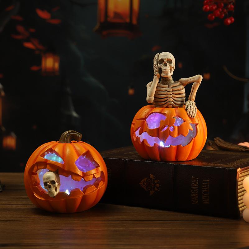 Halloween Pumpkin Skeleton Figurine Spooky Ghost Festival Skull with LED Lights Resin Crafts Sculpture Home Office Desktop