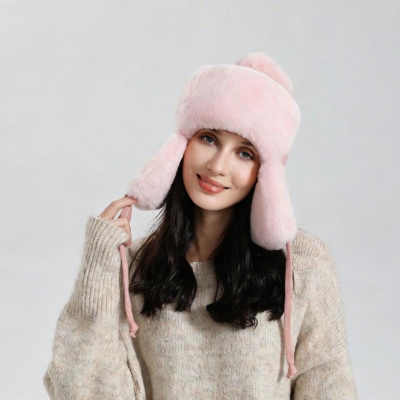 Zeyu Unisex Winter Faux Fur Trapper Hat Warm Fluffy Breathable Knitted Earflap Pom Pom Windproof Cold Weather Sports Travel ODM