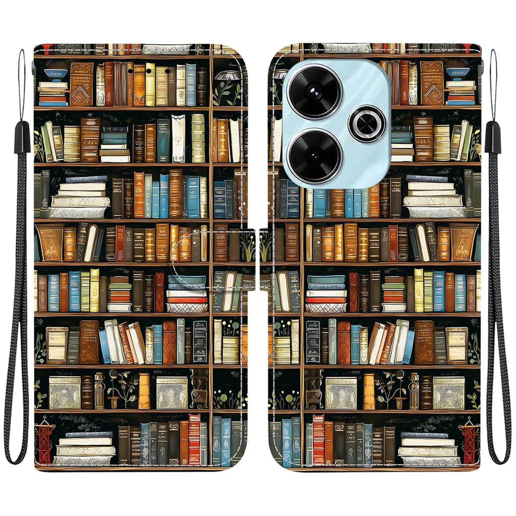 Handmade PU Leather Flip Case for Xiaomi Redmi 13 (4G) / Xiaomi Poco M6 4G Anti-Slip Shockproof Cover with Wrist Strap & Heart/Rose Cat Designs