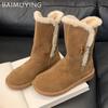 Fur Women Mid Calf Boots Suede Flats Shoes Woman 2025 Trend Winter Fashion Brand Sport Casual Cozy Walking Women’s Snow Botas