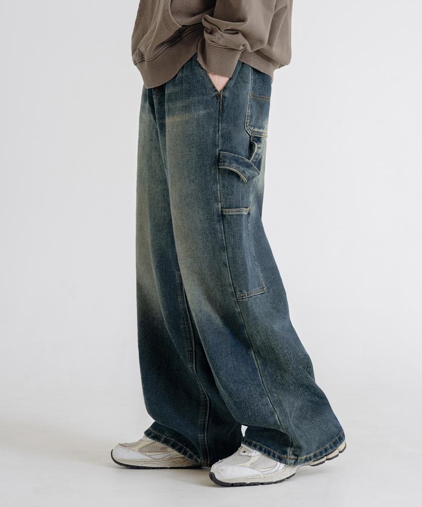 LEMAIN SECOND Vintage Catwashed Wide Carpenter Denim Elastic Waist Pants [Sand Blue]