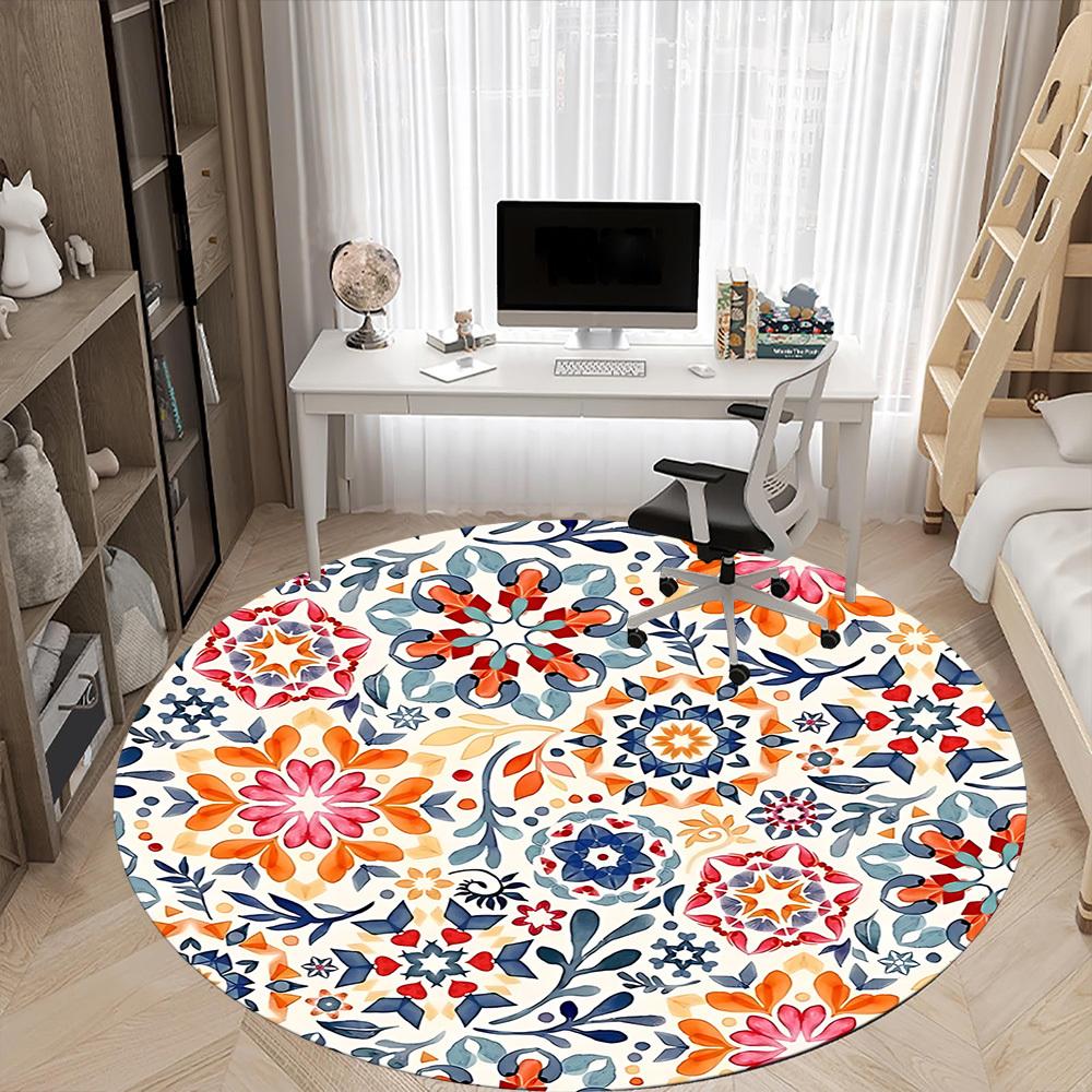 1pc Floral Mandala Pattern Office Round Rug, Non-slip, Soft and Durable Office Rug for Interior Decoration, Perfect for Office, Beautiful Decoration y