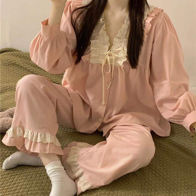 Пижама для женщин на весну и осень, новая корейская версия, милый V-образный вырез, кружево, полностью из хлопка, с длинными рукавами, домашняя одежда, комплект из двух предметов