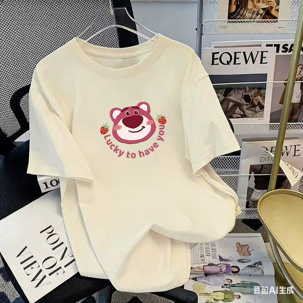 Girls Pink Cotton T Shirt Summer Cartoon Short Sleeve Round Neck Top For Big Kids Fashionable Casual Tee