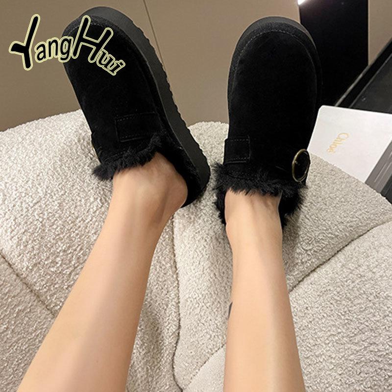 Women Modern Slippers Belt Buckle Retro Plus Velvet Thicken Keep Warm Waterproof Snow Shoes Winter 2024 New Fashion