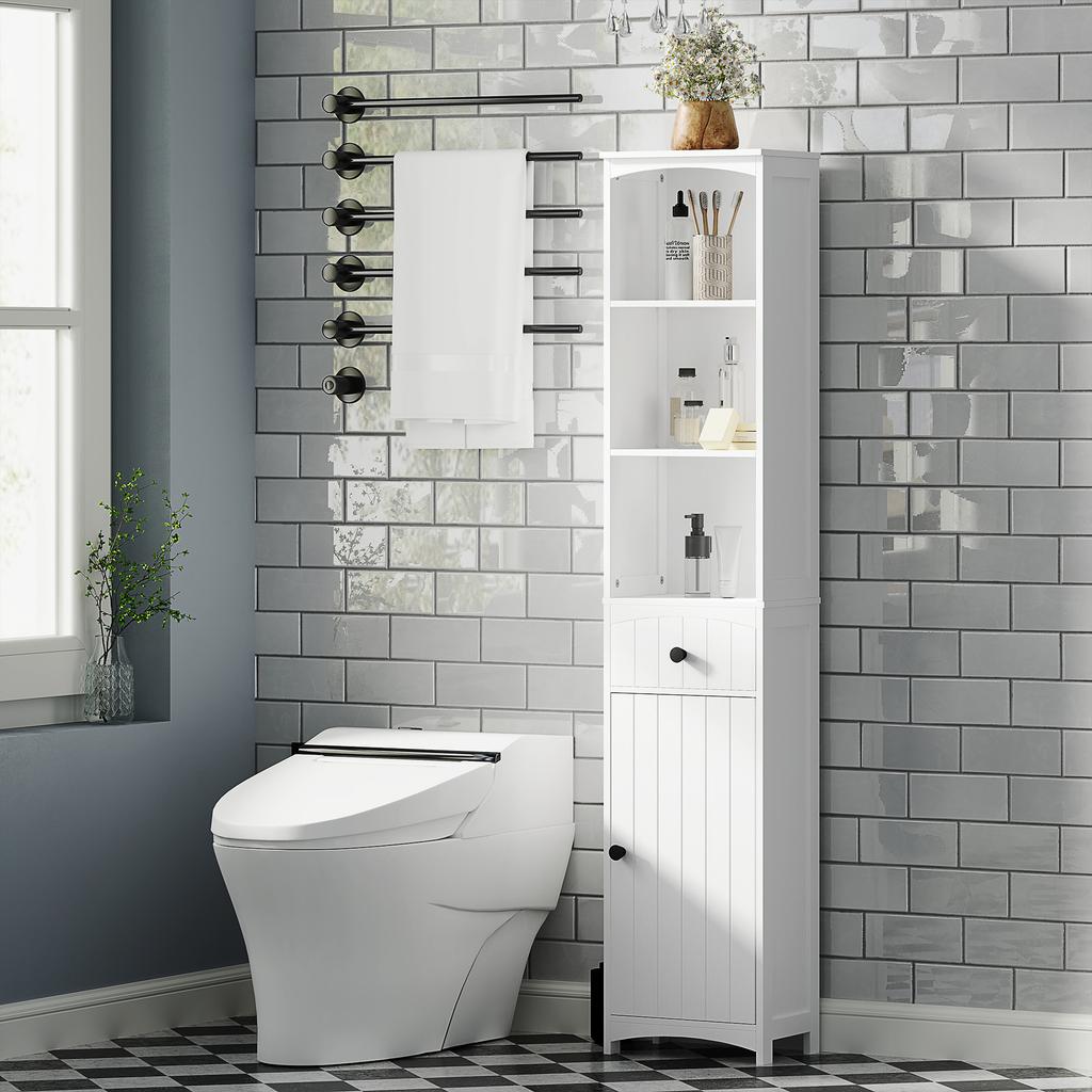 Bathroom cabinet with 3 shelves, 1 drawer, sturdy, MDF, white