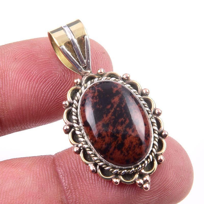 Natural Mahogany Obsidian Gemstone 925 Solid Silver Two Tone Pendant 1.50'' q4n89