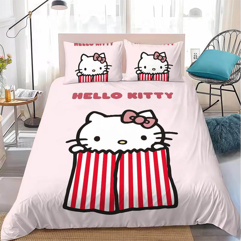 H-Hello Kitty Duvet Cover Set Home Style Bedding Soft Laundry Cotton Bed 3 Piece Set Student Dormitory Gift
