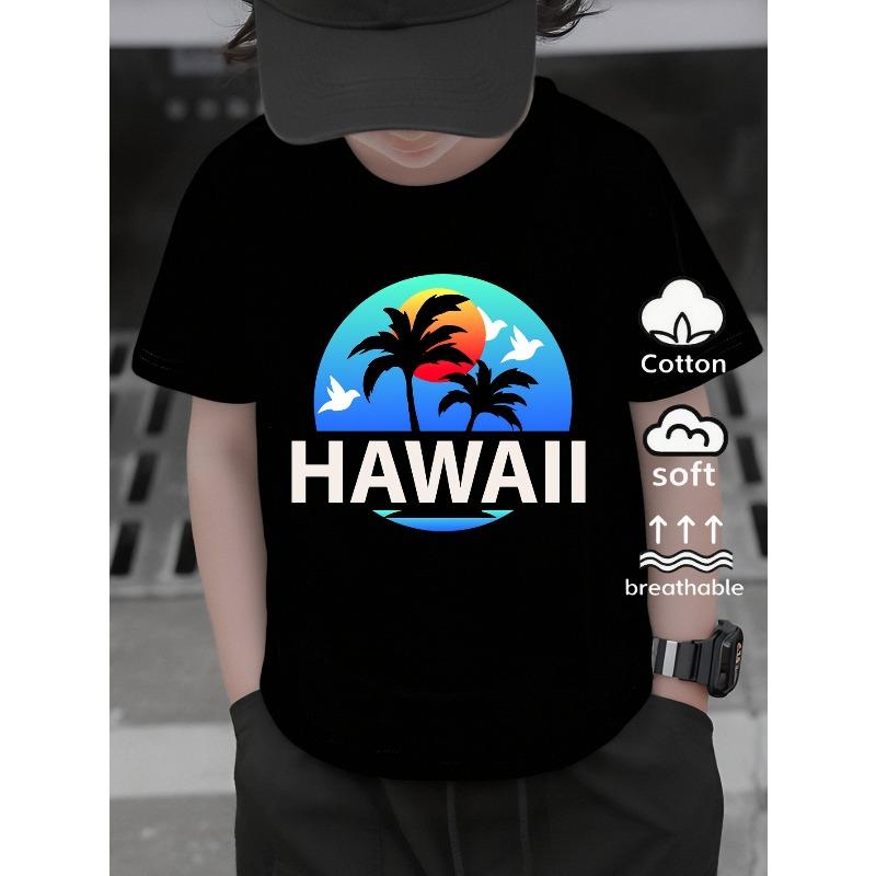 European sizes Boys' T-Shirt Hawaiian Sunset Palm Trees Birds Island, Ideal for Outdoor Activities, Soft Knitted Top, Comfortable And Breathable