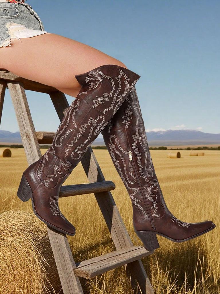 Женские вышитые ковбойские ботфорты до бедра в западном стиле с острым носком и массивным каблуком, винтажная уличная обувь, ковбойские ботфорты выше колена