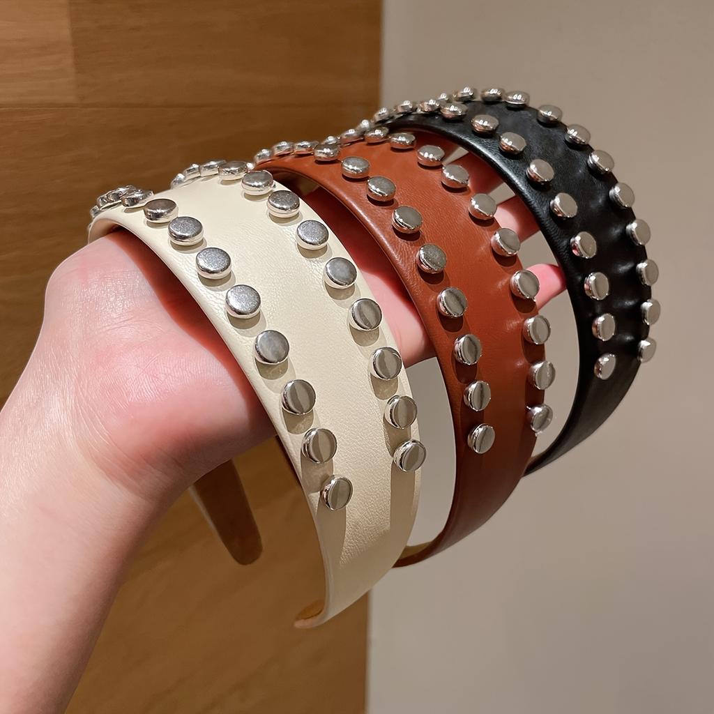 1Pc Women'S Fashionable High-End Large Rivet Leather Wide-Brimmed High-Crown Headband, Suitable For Everyday Casual Wear, Versatile For Concealing
