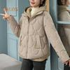 Женское зимнее пальто, имитация двухкомпонентного застежки-молнии на пуговицах, с капюшоном, отложным воротником, однотонная короткая куртка с наполнителем из хлопка