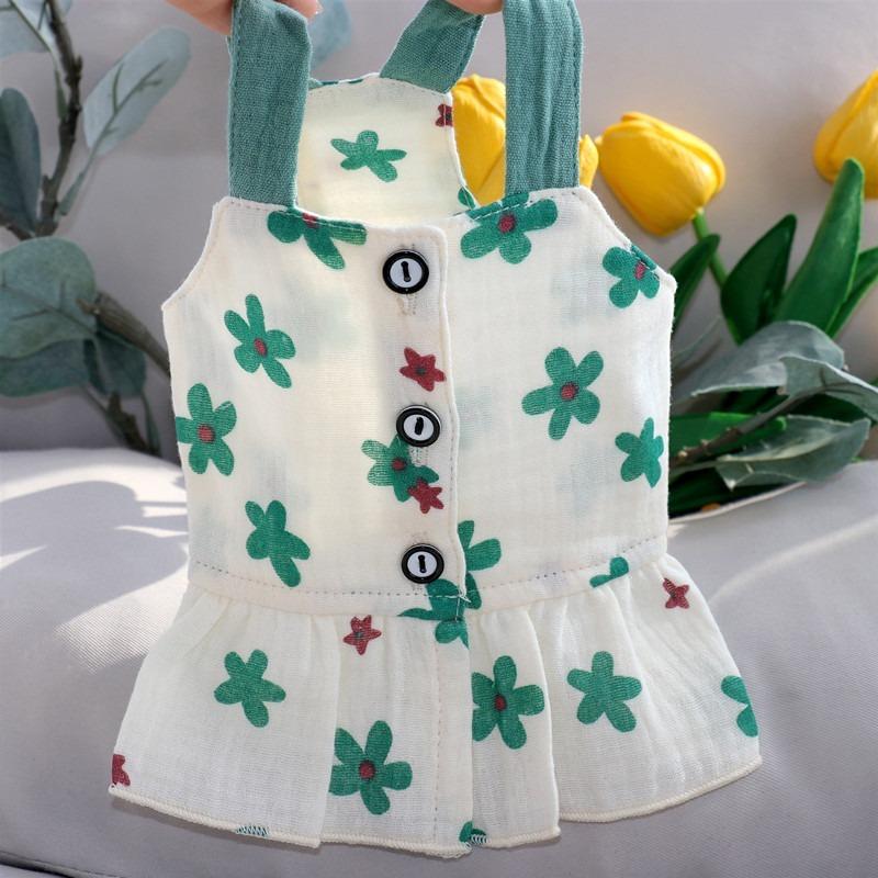 Pet Dress Summer Thin Cat Clothes Bichon Green Floral Strap Small and Medium sized Dog Breathable Skirt XS-XL