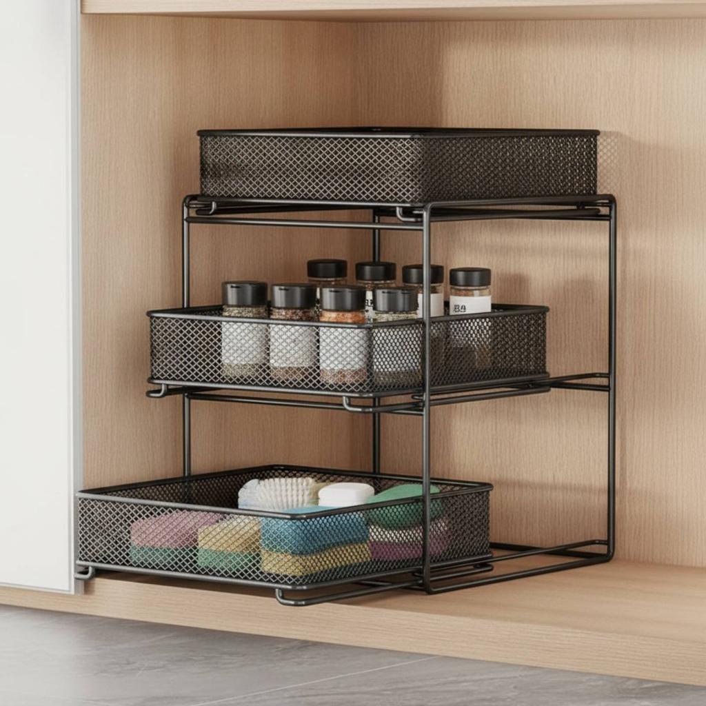 Pull out Organizer Shelf Space Saving Pull out Drawer Organizer Sliding Storage Drawer Sturdy Metal 3 Tier Slide Basket