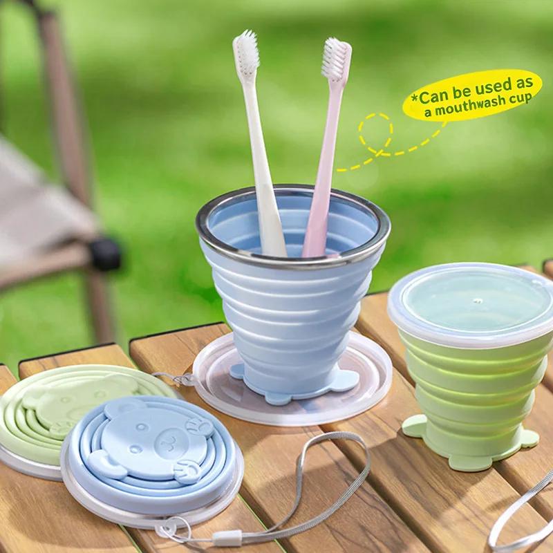 Portable Foldable Silicone Cup for Travel Cute Bear Design Collapsible Water Bottle Mouthwash Cup 180ml