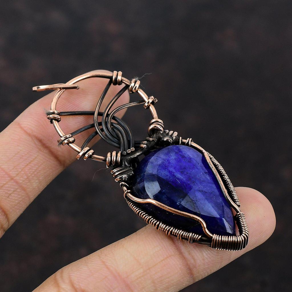 Ограненный Синий Сапфир Кулон Медная Проволока Обернутый Кулон Оригинальный Драгоценный Камень Медные Ювелирные Изделия Ручной Проволоки Обернутый Ювелирный Подвеска Для Женщин