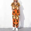 Women Plus Size Scrub Set Cutout Neck Short Sleeve Halloween Raccoon Printed Pocket Top And Long Pants