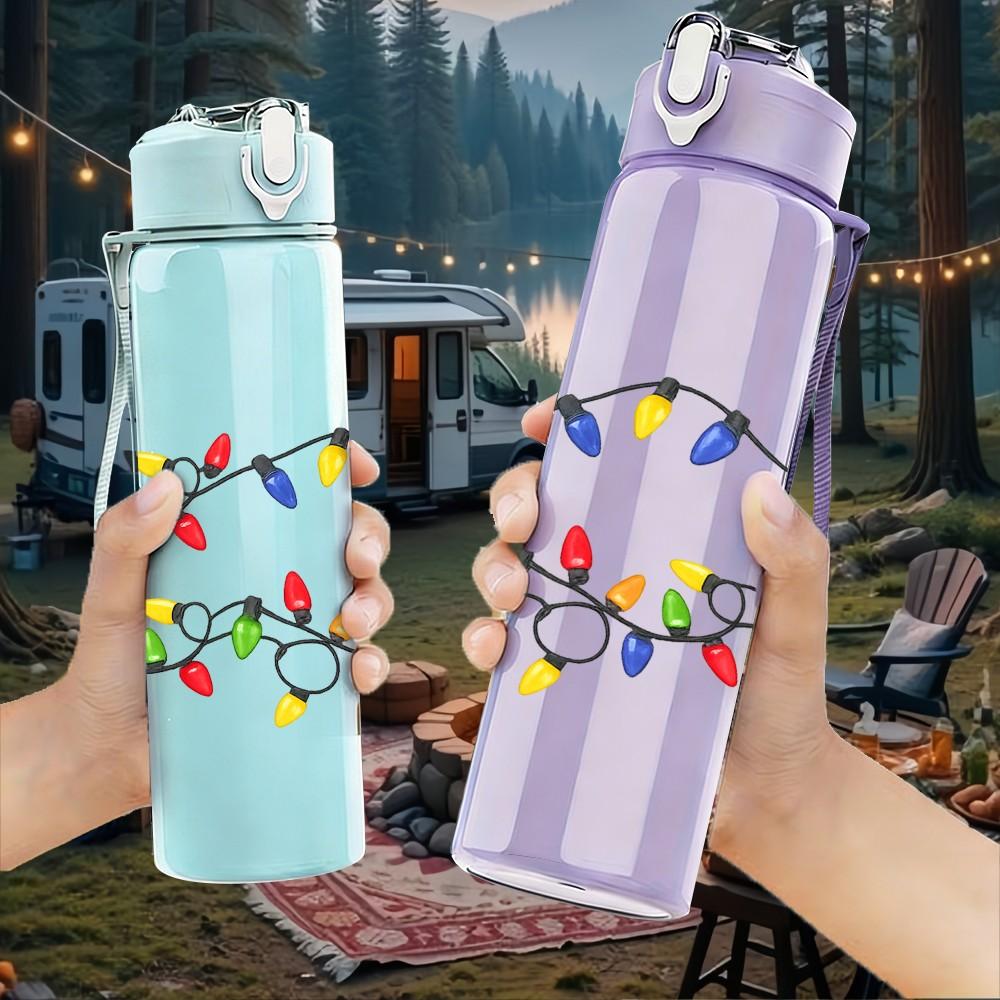 1PC Christmas Light String Colorful Print 750ml Color Plastic Sports Water Bottle Leakproof Flip Straw Lid Suitable for Sports Office Home Use