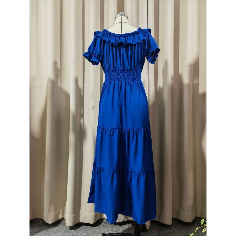 Women's Summer Long Dress New Fashion Solid Color Ruffled Strapless Puff Sleeve Vacation Dress Women Elegant Off Shoulder Sexy A Line Female Dresses