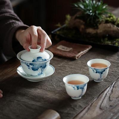 Керамический набор для чая Гайвань Sushic, сине-белый, ручная роспись