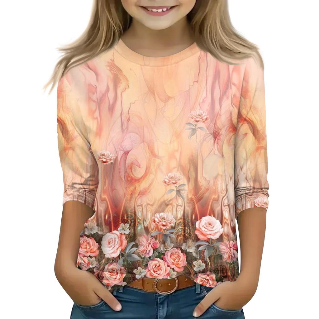Топы с принтом для девочек 5-16 лет с круглым вырезом и рукавами 3/4 Футболки Модные топы Наряды Футболки