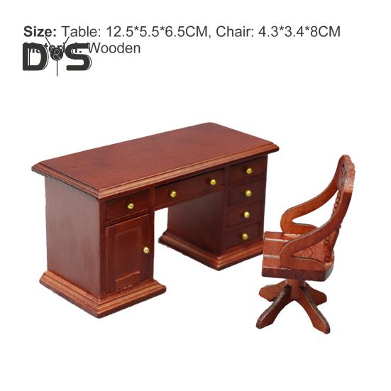 Retro Writing Dollhouse Scale Wooden Desk Chair Set Miniature Furniture For Decor