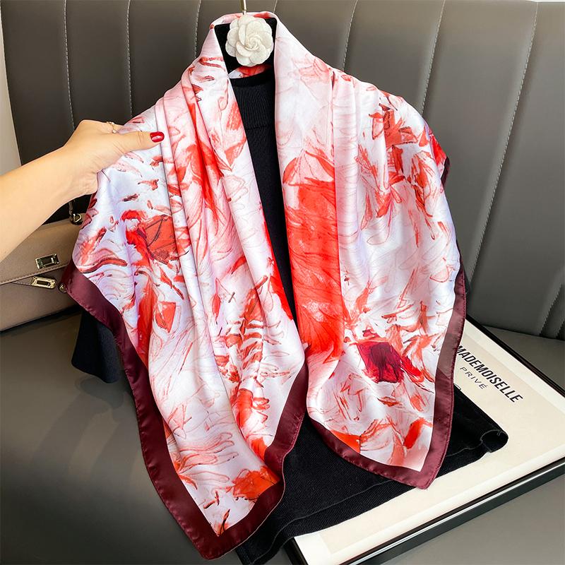 Print Satin Silk Square Scarf Hijab Women Bandana 90CM Headscarves Neckerchief Ladies Muffler Shawl Wrap Foulard Headband
