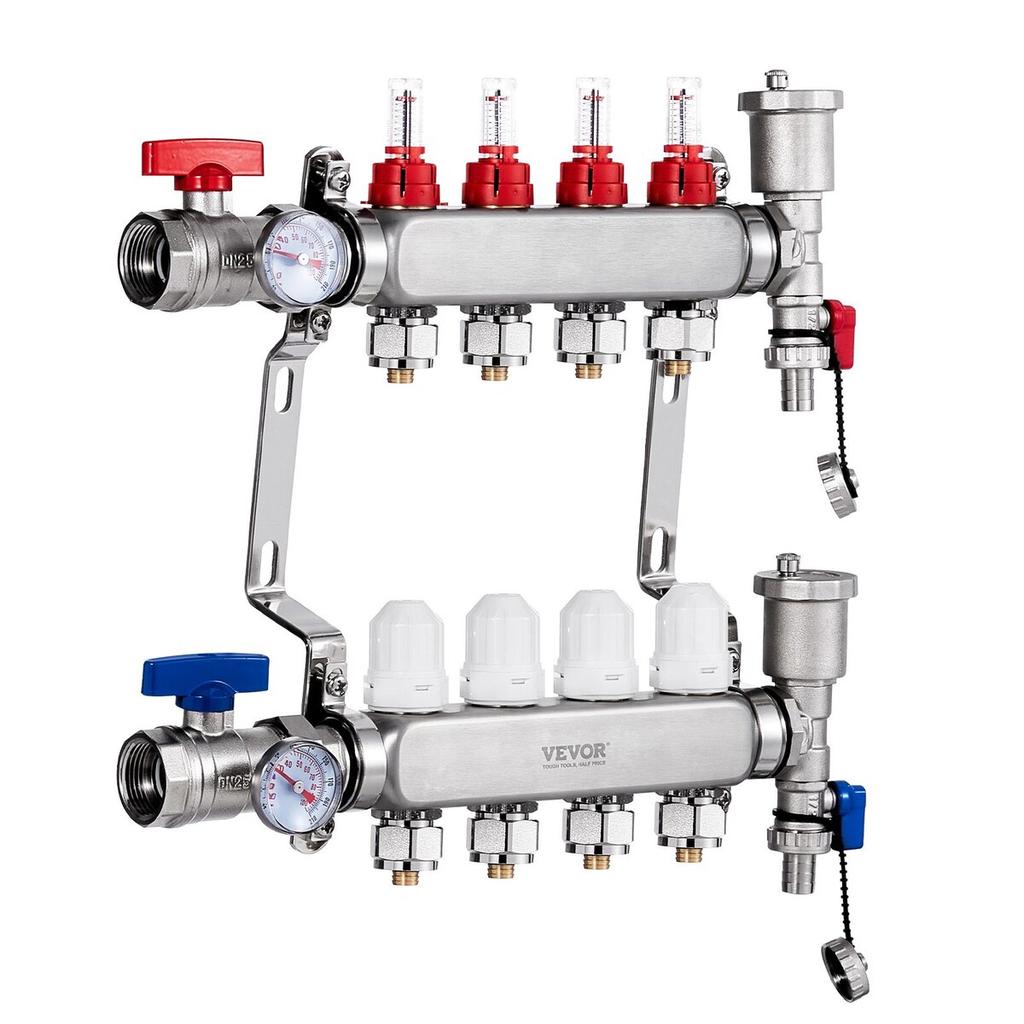 4-Branch Radiant Heat Manifold 1/2" PEX Tubing Floor Heating Manifold Set