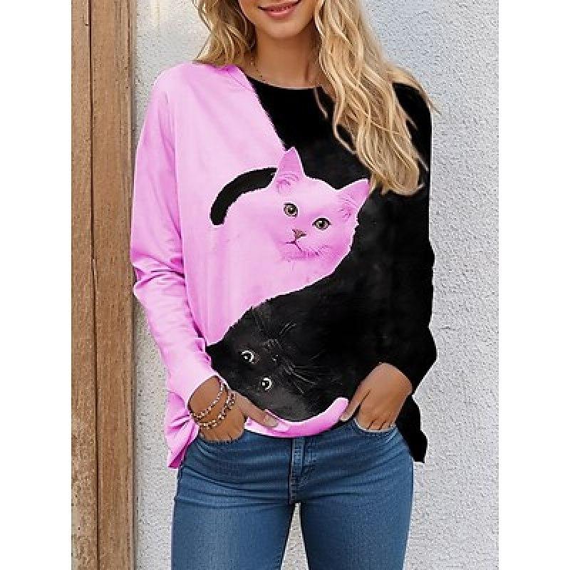 Жен. Футболка Футболка Сердце День святого Валентина Валентина Выходные Черный Лиловый Серый С принтом Длинный рукав Мода Круглый вырез Обычный крой Весна и осень