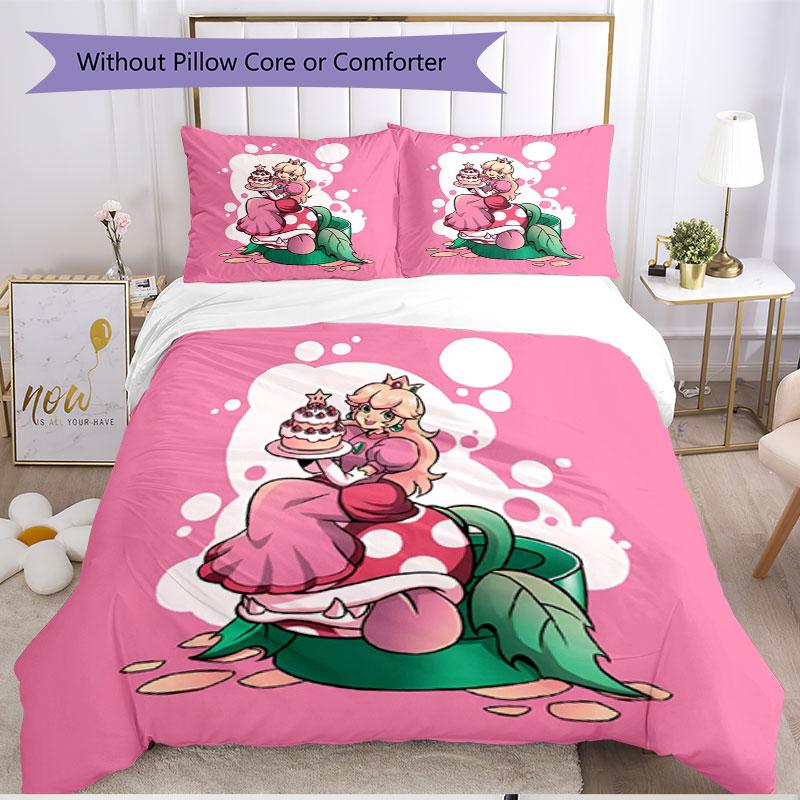 3pcs Duvet Cover Set (1*Duvet Cover + 2*Pillowcase, Without Core), Princess Peach Toadstool Print Soft All‑Season Bedding Set, Home Bedroom Decor Gift
