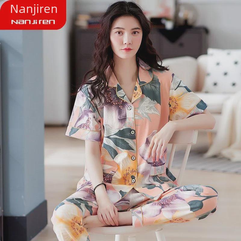 Женский пижамный комплект из 100% хлопка с короткими рукавами - летняя домашняя одежда для людей среднего и пожилого возраста