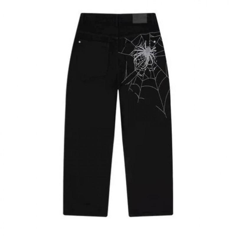 Unisex Streetwear Wide-Leg Straight Cut Denim Pants With Spiderweb Embroidery Loose Fit Mid-Rise Cotton Jeans
