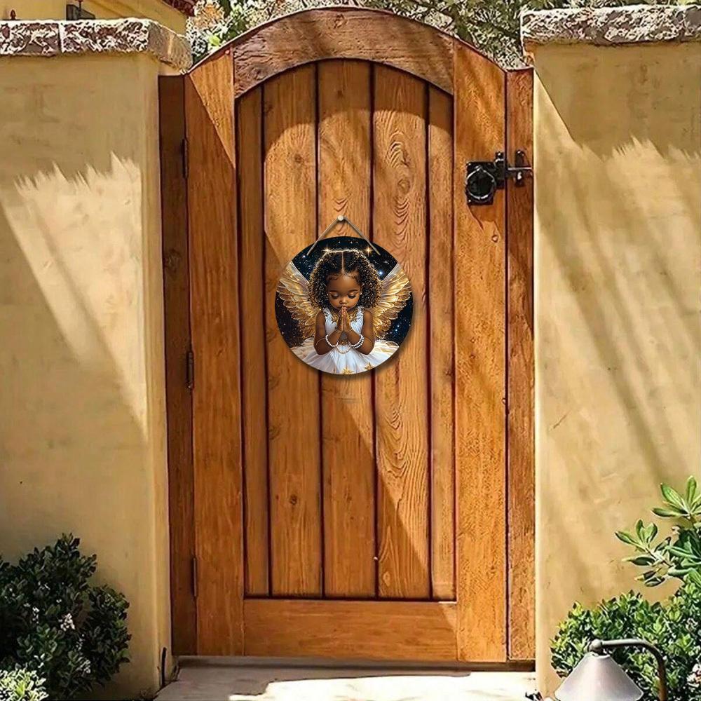 Деревянная табличка «Черный ангел с золотыми крыльями» - Круглая табличка «Ангел» для декора на дверь или стену - Идеальное домашнее подвесное украшение