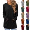 Women's Fashion Loose-Fit Round Neck T-Shirt Solid Colour Pocketed Long-Sleeved Top