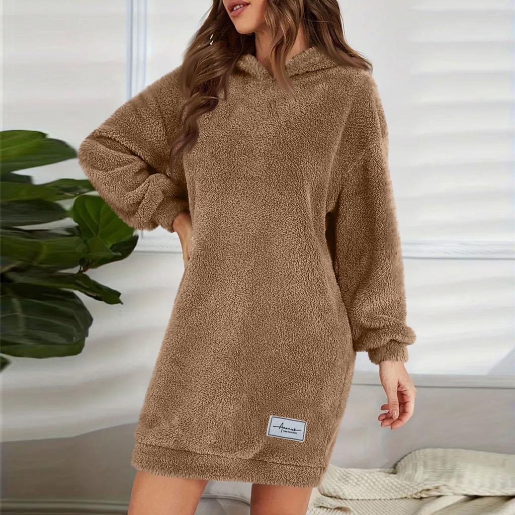 Women's Fashion Hooded Long Sleeve Plush Dress Solid Color Casual Sweatshirt