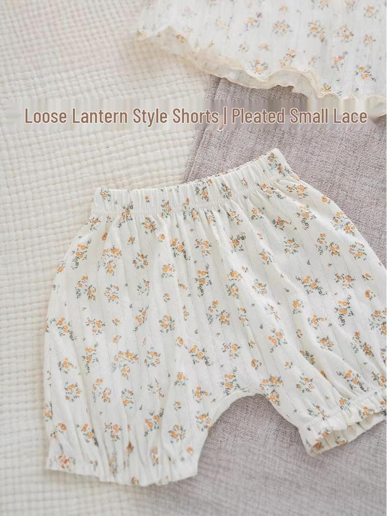 Летний хлопковый комплект из двух предметов для девочек с цветочным принтом: Дышащая, Ультратонкая футболка с коротким рукавом и увеличенной областью для подгузника для младенцев