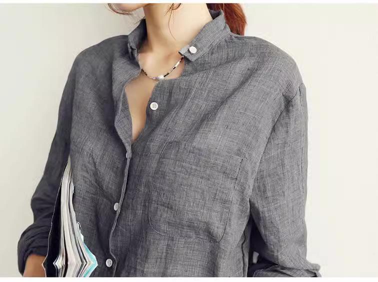 POLO collar single-breasted multi-button spot new Korean version versatile college-style Harajuku shirt long-sleeved cotton and linen shirt women's