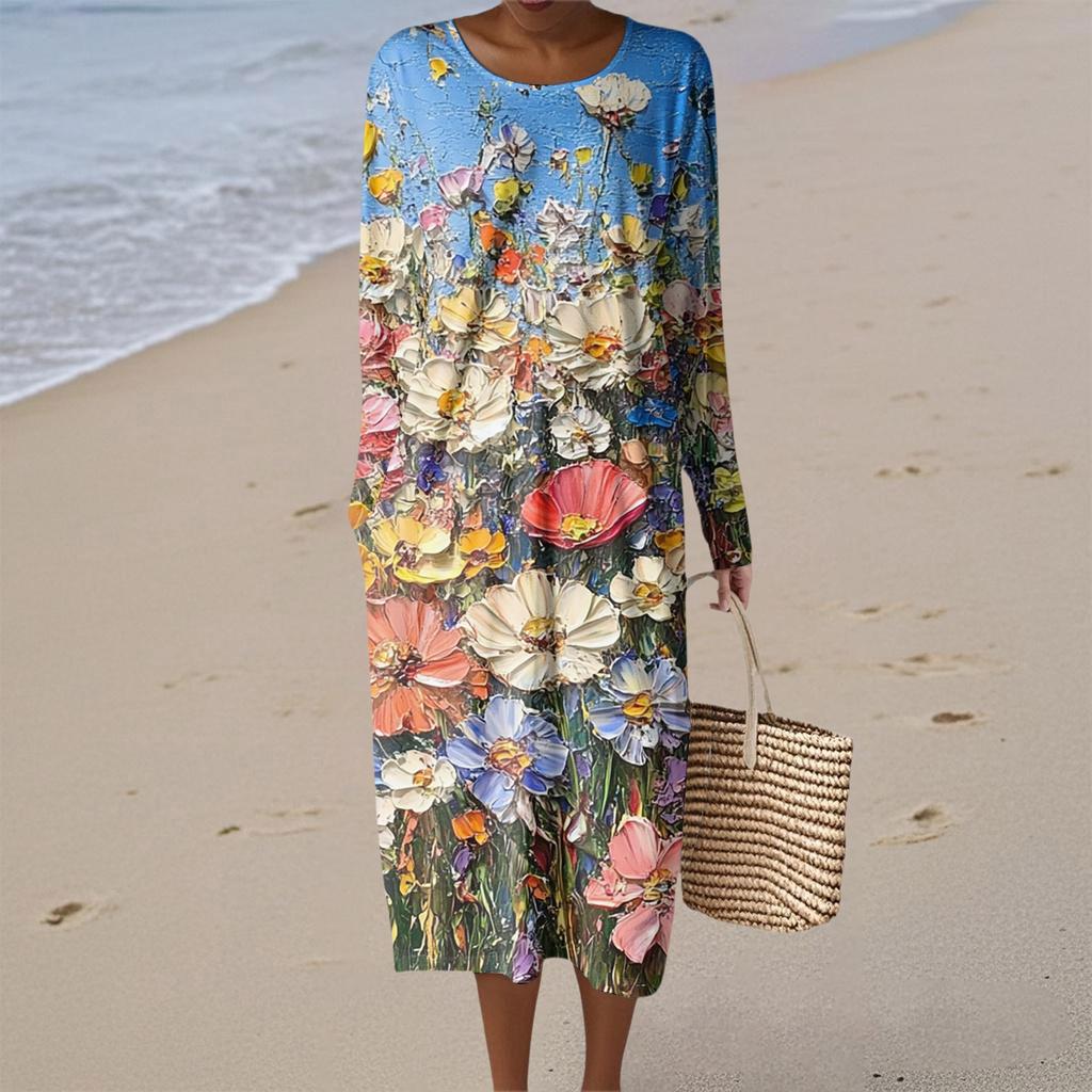 Women's Fashion Casual Long Sleeve Floral Print Round Neck Pocket Elegant Temperament Dress