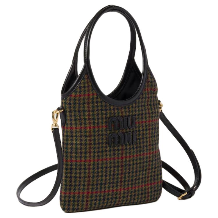 Miu Miu Ivy Adjustable Detachable Shoulder Strap Logo Plaid Fabric Shoulder Crossbody Tote Bag Women handbags Dark-Green Black 5BA281_2DU5_F0466_V_OLN