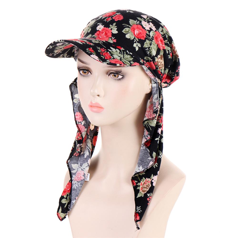 2025 Print Pre-Tied Hat Women Muslim Long Tail Headscarf Hijab Turban Visor Chemo Cap Bonnet Hair Loss Head Wrap Turbante Mujer