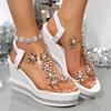 Elegant Ladies Crystal Floral Sandals Women Summer 2025 Chunky Platform Wedge Heels Sanalias Mujer High Heeled Party Shoes Woman