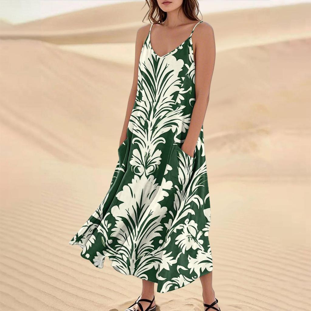 Женское модное повседневное длинное пляжное платье без рукавов с карманом и цветочным принтом