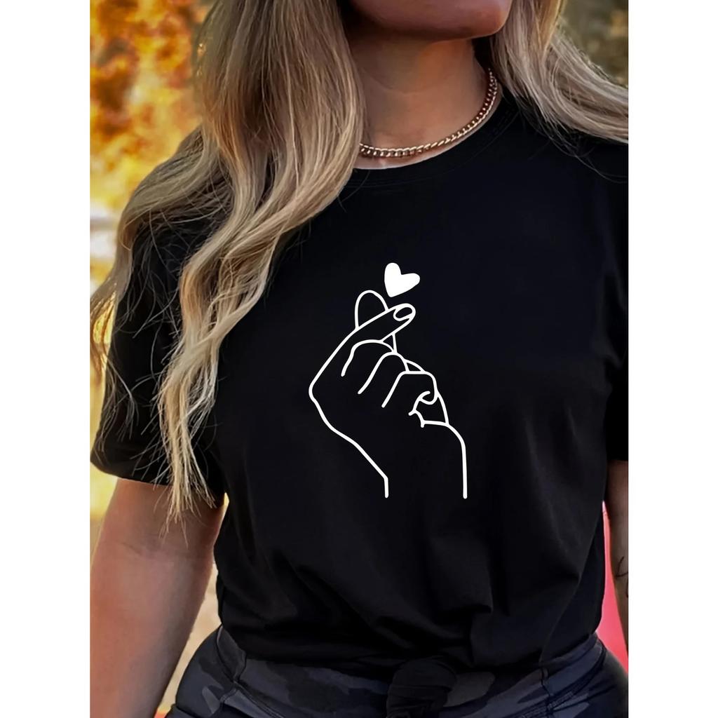 Cute Print Solid Crew Neck T-Shirt, Short Sleeve Casual Every Day Top For All Season, Women's Clothing